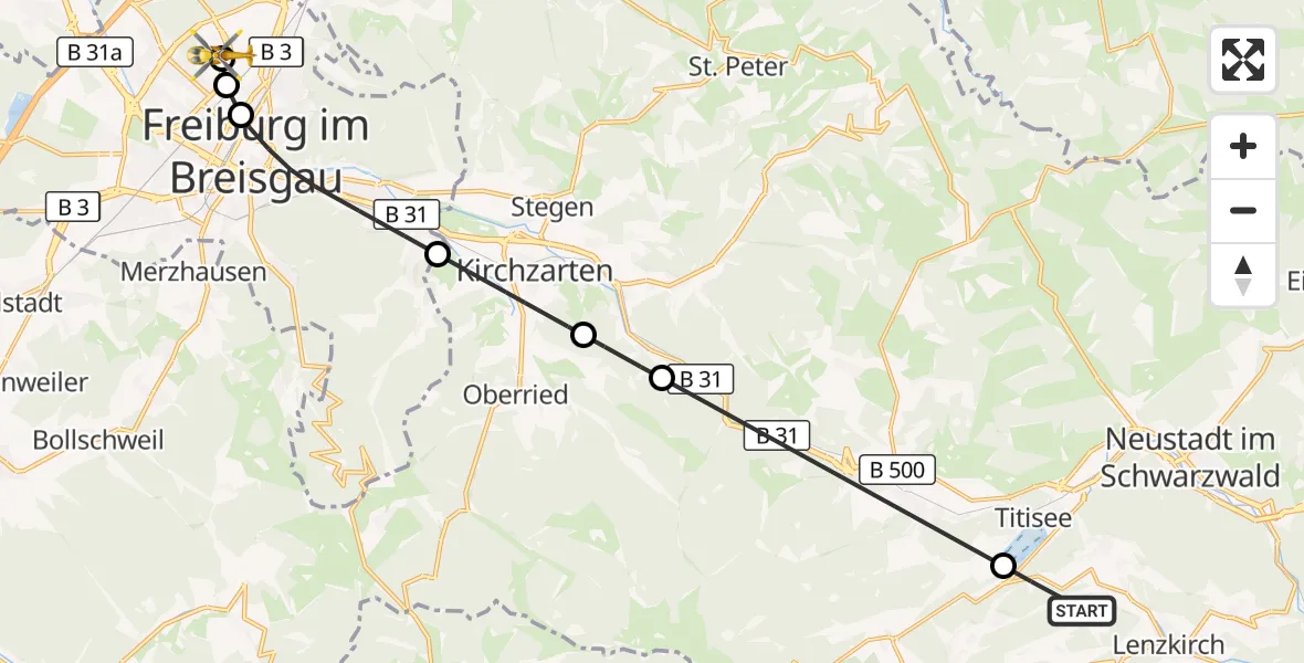 Flugroute Ambulanzhubschrauber Lenzkirch - Freiburg im Breisgau Flugplatz, 23 September 2026, 16:22