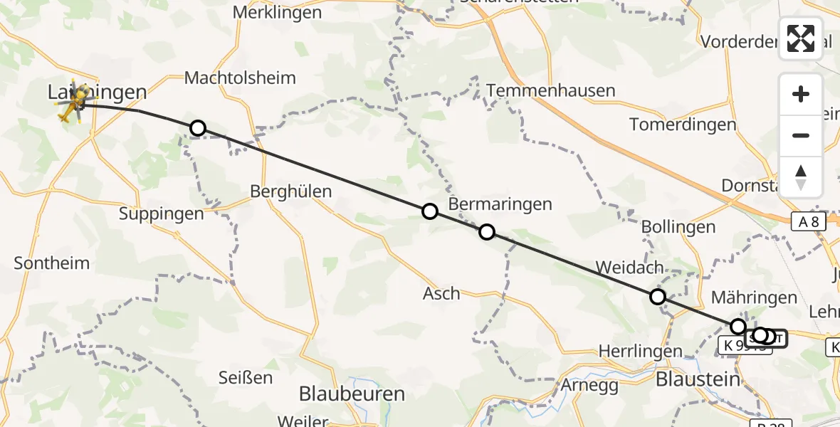 Flugroute Rettungshubschrauber Ulm Military Hospital Emergency - Laichingen, 23 September 2026, 16:31