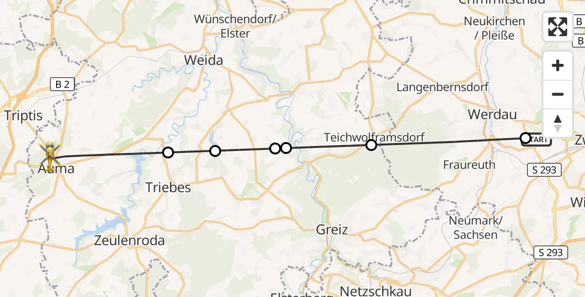 Flugroute Rettungshubschrauber ADAC Air Rescue Station Zwickau Hubschrauberlandeplatz - Auma-Weidatal, 23 September 2026, 16:47