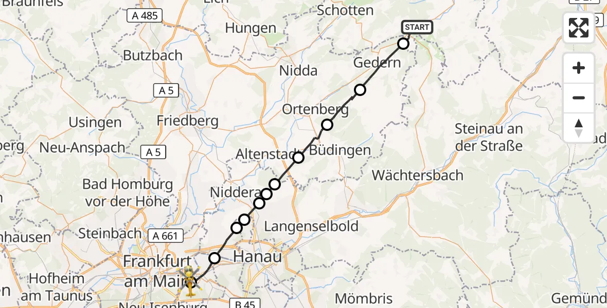 Flugroute Rettungshubschrauber Grebenhain - Sana Hospital Offenbach, 23 September 2026, 16:49