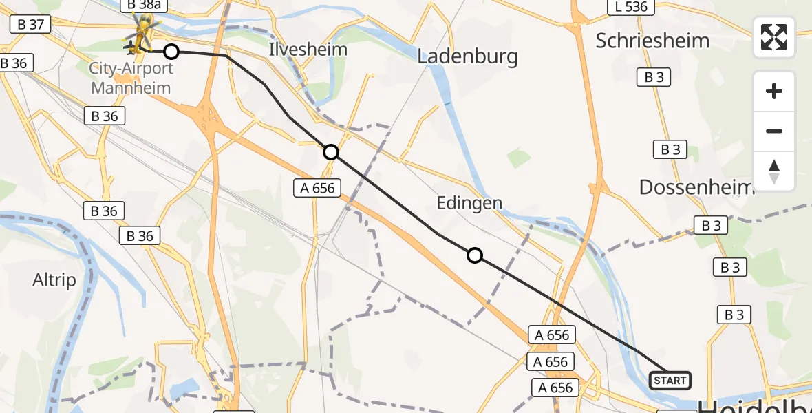 Flugroute Rettungshubschrauber Heidelberg - Mannheim-City Flughafen, 23 September 2026, 16:56