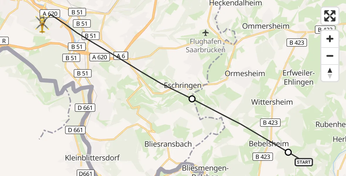 Flugroute Rettungshubschrauber Gersheim - Saarbrücken, 23 September 2026, 16:59