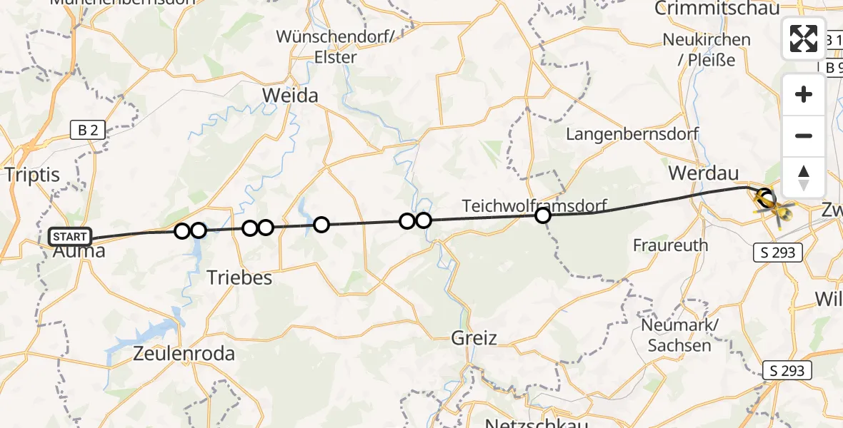 Flugroute Rettungshubschrauber Auma-Weidatal - ADAC Air Rescue Station Zwickau Hubschrauberlandeplatz, 23 September 2026, 17:21
