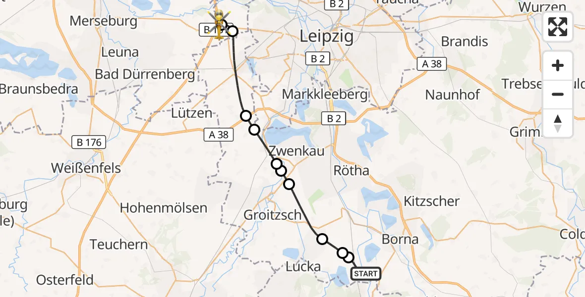 Flugroute Rettungshubschrauber Regis-Breitingen - ADAC Air Rescue Station Leipzig/Schkeuditz-Dölzig Hubschrauberlandeplatz (Christoph 61), 23 September 2026, 17:25