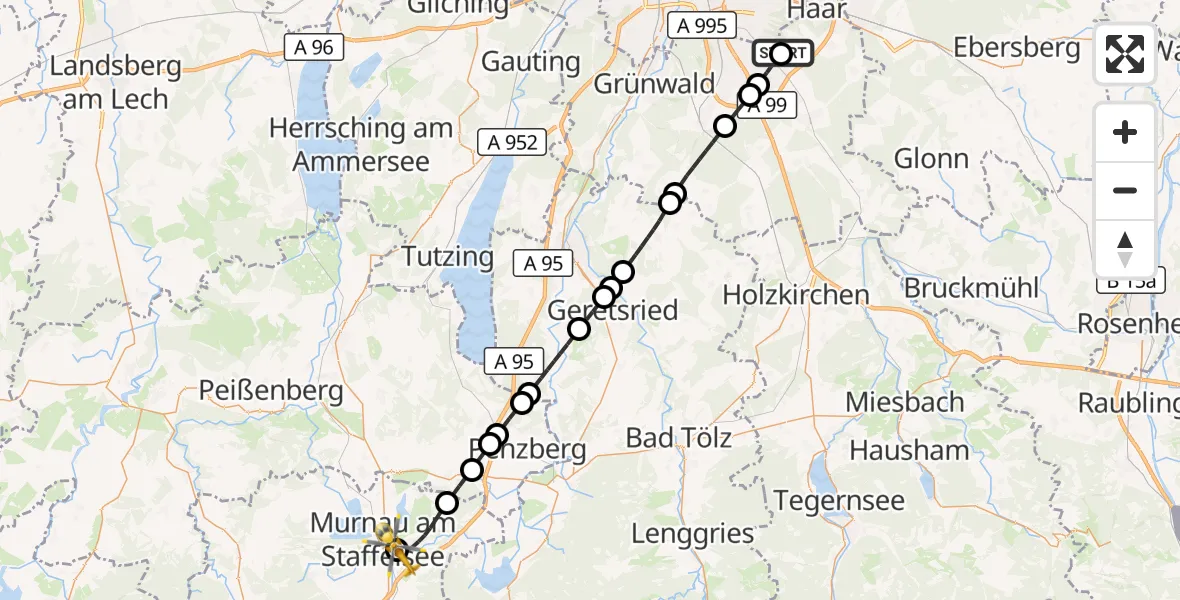 Flugroute Rettungshubschrauber Neubiberg - Murnau Accident Hospital Hubschrauberlandeplatz, 23 September 2026, 17:44