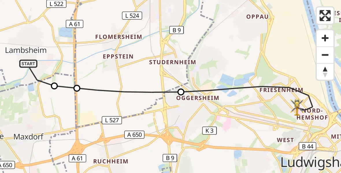 Flugroute Rettungshubschrauber Lambsheim - Ludwigshafen am Rhein, 23 September 2026, 18:02