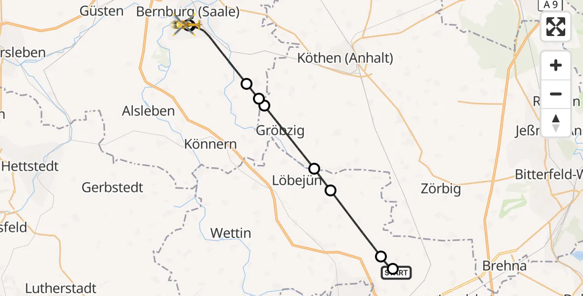 Flugroute Rettungshubschrauber Halle-Oppin Flugplatz - AMEOS Hospital Bernburg, 23 September 2026, 18:10