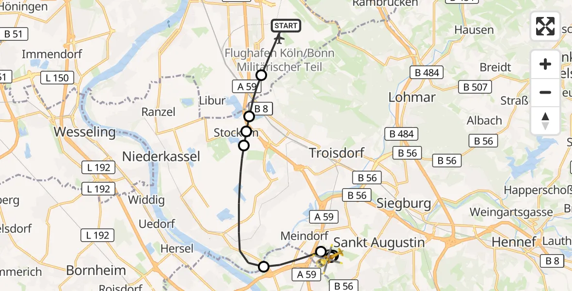 Flugroute Rettungshubschrauber Köln Bonn Flughafen - Sankt Augustin, 23 September 2026, 18:12