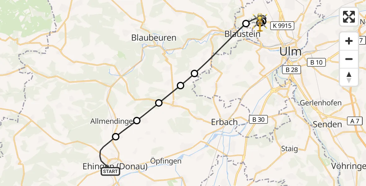 Flugroute Rettungshubschrauber Ehingen (Donau) - ADAC Air Rescue Station Ulm (Christoph 22), 23 September 2026, 18:23