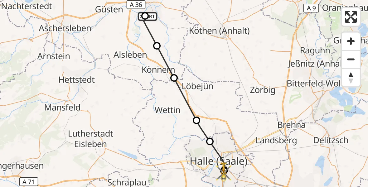Flugroute Rettungshubschrauber AMEOS Hospital Bernburg - BG Hospital Bergmannstrost Halle, 23 September 2026, 18:51