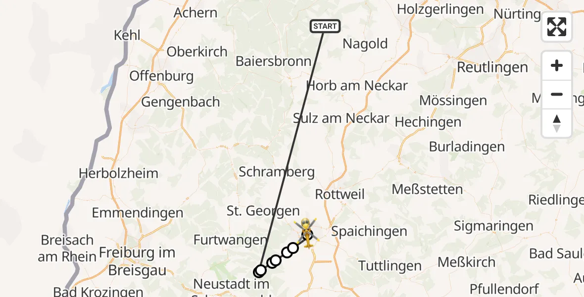 Flugroute Ambulanzhubschrauber Altensteig - DRF Air Rescue Station Villingen-Schwenningen Hubschrauberlandeplatz (Christoph 11), 23 September 2026, 19:03