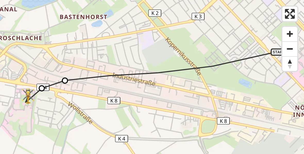 Flugroute Rettungshubschrauber Ludwigshafen am Rhein - Ludwigshafen Accident Hospital, 23 September 2026, 19:06