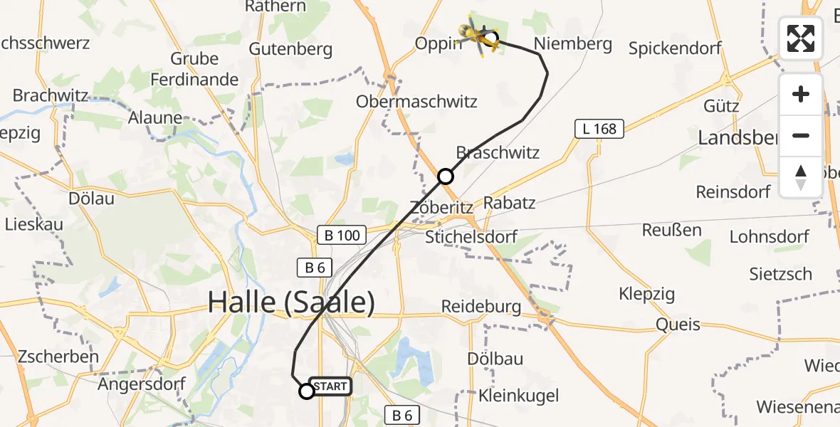 Flugroute Rettungshubschrauber BG Hospital Bergmannstrost Halle - Halle-Oppin Flugplatz, 23 September 2026, 19:41