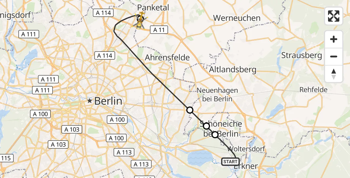 Flugroute Rettungshubschrauber Berlin - Helios Clinic Berlin-Buch, 23 September 2026, 20:04