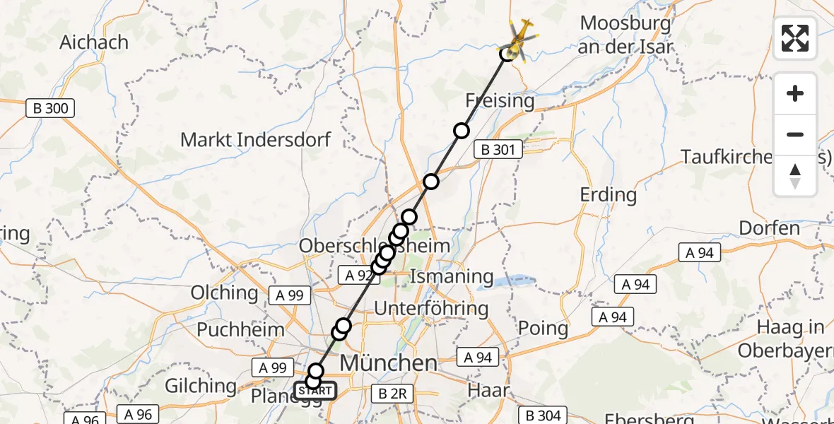 Flugroute Rettungshubschrauber DRF Air Rescue München Hubschrauberlandeplatz - Zolling, 23 September 2026, 21:08