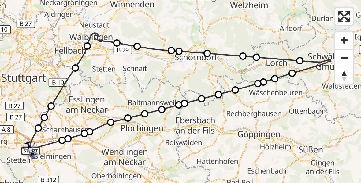 Flugroute Polizeihubschrauber Flughafen Stuttgart - Flughafen Stuttgart, 23 September 2026, 21:25