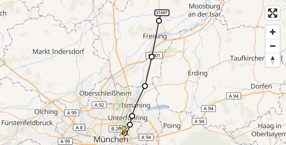 Flugroute Rettungshubschrauber Zolling - München Bogenhausen Hospital, 23 September 2026, 21:43