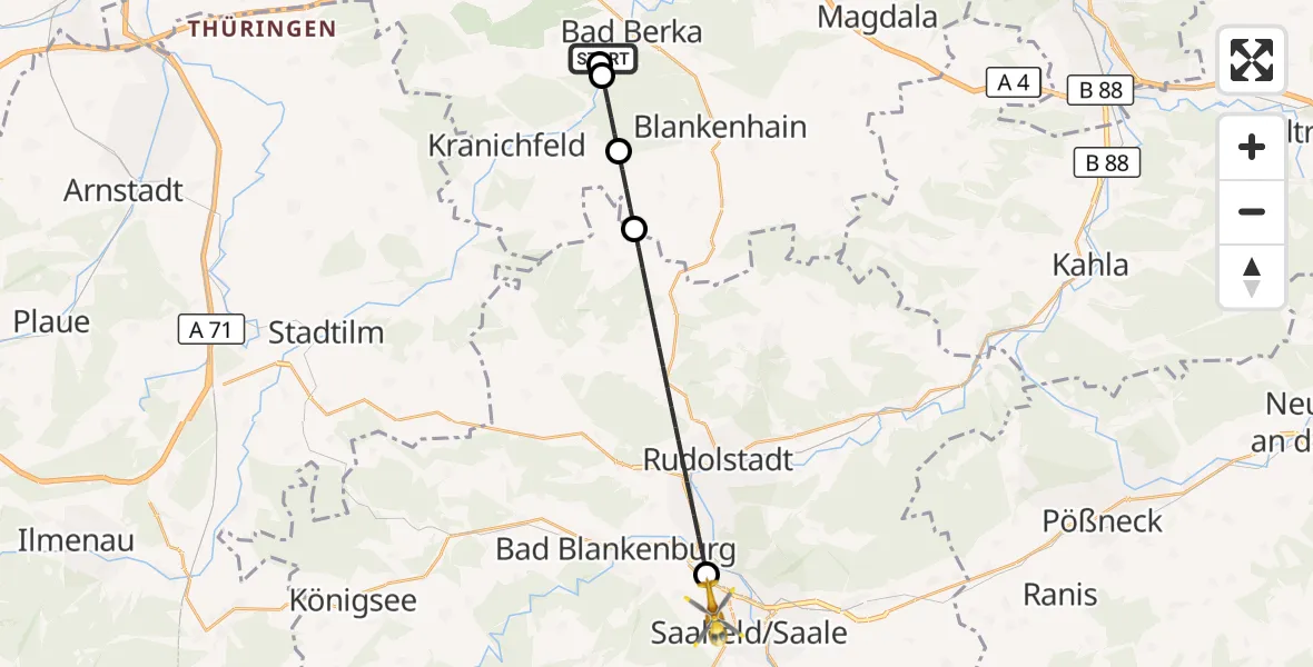 Flugroute Ambulanzhubschrauber Bad Berka Central Hospital - Saalfeld/Saale, 23 September 2026, 22:57
