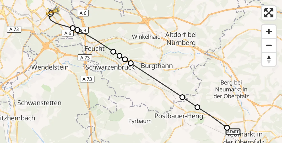 Flugroute Rettungshubschrauber Neumarkt-Oberpfalz Flugplatz - Nürnberg South Hospital, 24 September 2026, 01:24