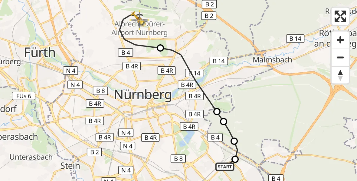 Flugroute Rettungshubschrauber Nürnberg South Hospital - Flughafen Nuremberg, 24 September 2026, 02:07