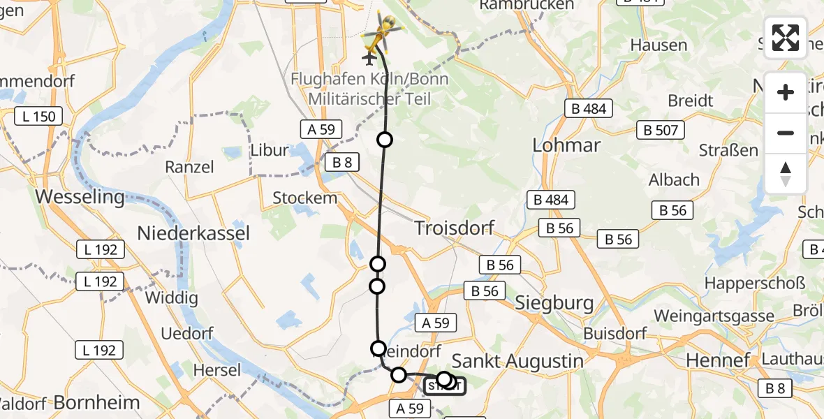 Flugroute Rettungshubschrauber Sankt Augustin - Köln Bonn Flughafen, 24 September 2026, 04:40