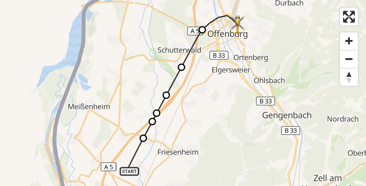 Flugroute Rettungshubschrauber Lahr Flughafen - Offenburg, 24 September 2026, 05:33