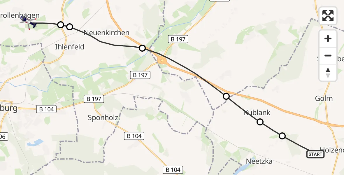 Flugroute Polizeihubschrauber Groß Miltzow - Neubrandenburg Trollenhagen Flughafen, 24 September 2026, 05:45