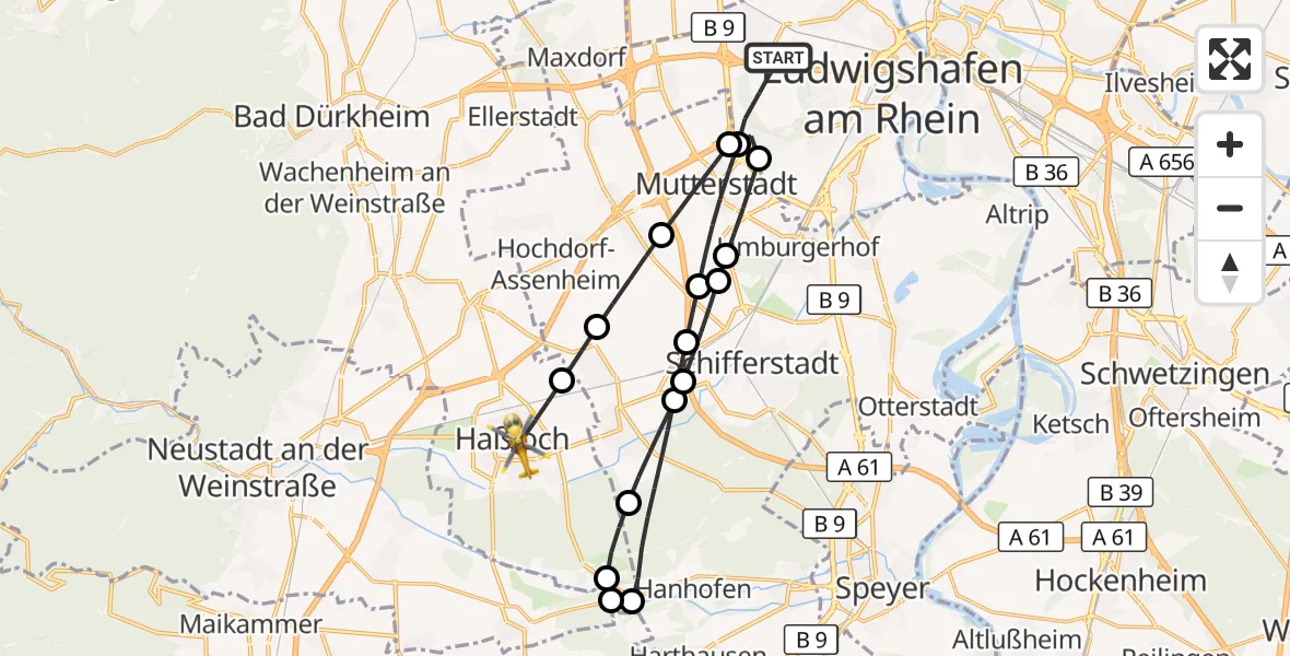 Flugroute Rettungshubschrauber Ludwigshafen am Rhein - Haßloch, 24 September 2026, 05:45