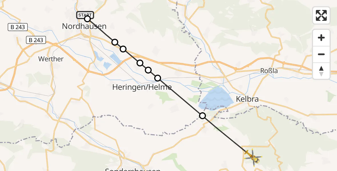 Flugroute Rettungshubschrauber Südharz Hospital Nordhausen - Kyffhäuserland, 24 September 2026, 05:55