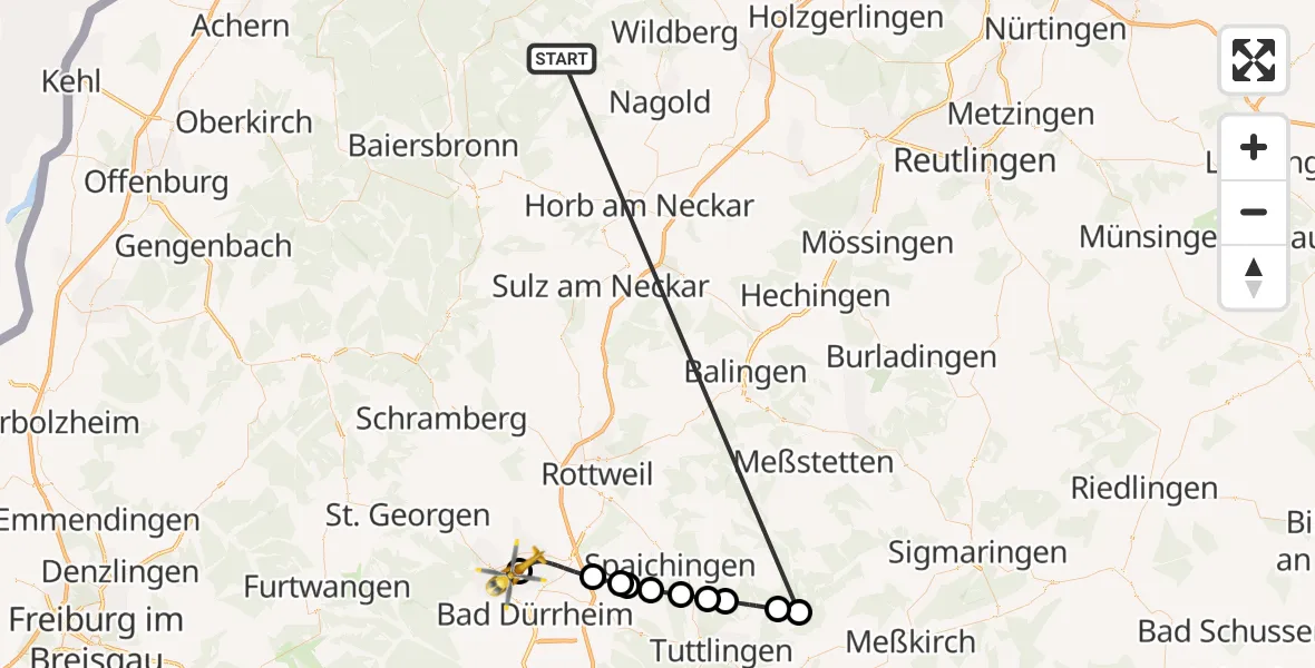 Flugroute Ambulanzhubschrauber Altensteig - DRF Air Rescue Station Villingen-Schwenningen Hubschrauberlandeplatz (Christoph 11), 24 September 2026, 05:59
