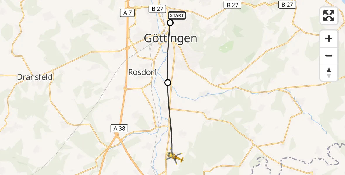Flugroute Rettungshubschrauber Göttingen University Clinic Hubschrauberlandeplatz - Friedland, 24 September 2026, 06:29