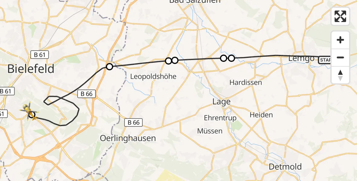 Flugroute Rettungshubschrauber Lemgo - Luftrettungszentrum Bielefeld, 24 September 2026, 06:32