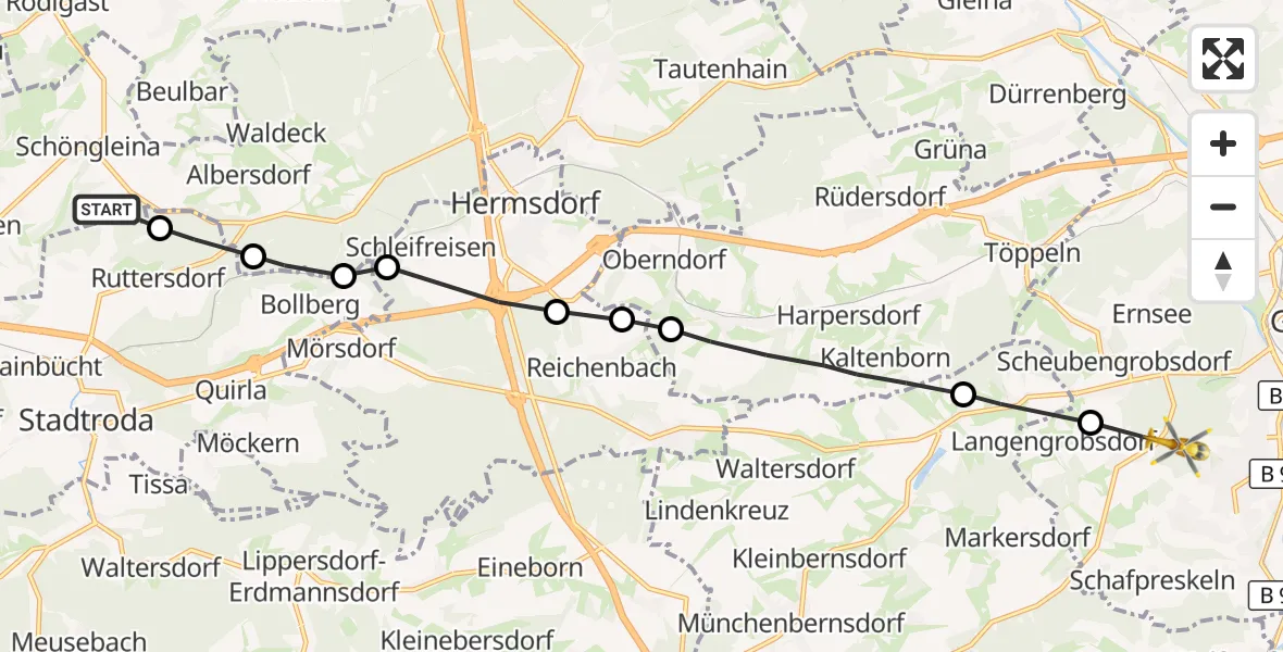 Flugroute Rettungshubschrauber Schöngleina - Gera, 24 September 2026, 06:37