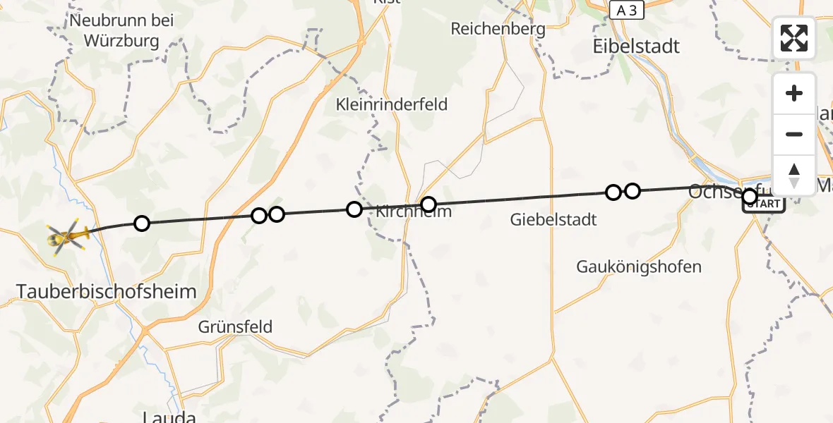 Flugroute Rettungshubschrauber Ochsenfurt Hospital - Tauberbischofsheim, 24 September 2026, 06:37