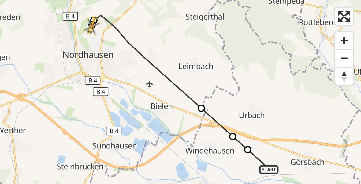 Flugroute Rettungshubschrauber Görsbach - Südharz Hospital Nordhausen, 24 September 2026, 06:47