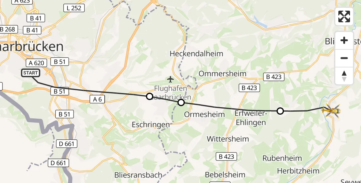 Flugroute Rettungshubschrauber Saarbrücken - Blieskastel, 24 September 2026, 06:59