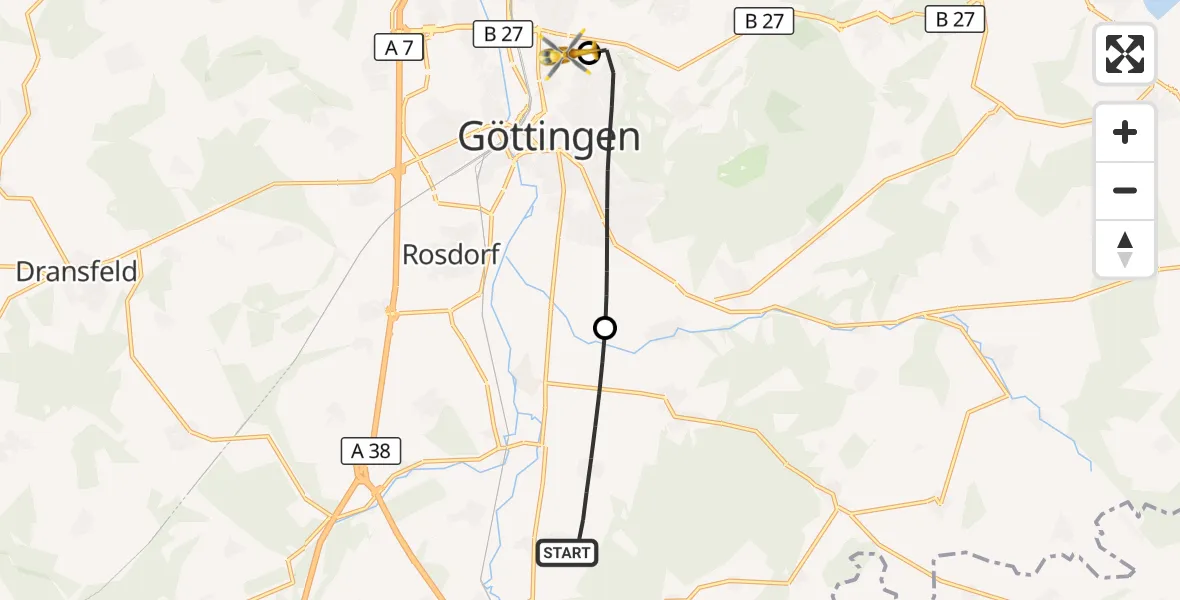 Flugroute Rettungshubschrauber Friedland - Göttingen University Clinic Hubschrauberlandeplatz, 24 September 2026, 07:10