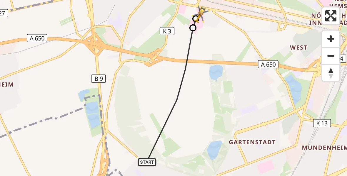 Flugroute Rettungshubschrauber Ludwigshafen am Rhein - Ludwigshafen Accident Hospital, 24 September 2026, 07:20