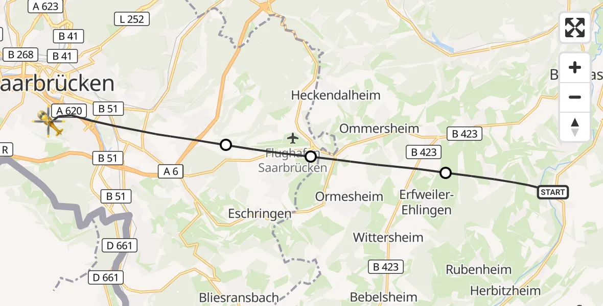 Flugroute Rettungshubschrauber Blieskastel - Saarbrücken, 24 September 2026, 07:27