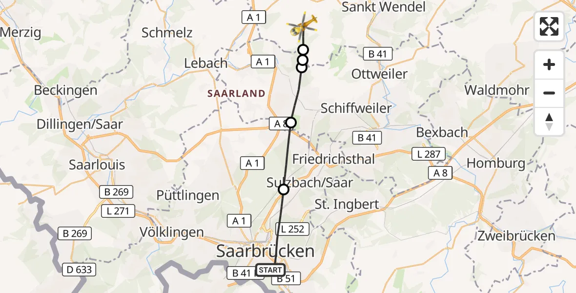 Flugroute Rettungshubschrauber Saarbrücken - Marpingen, 24 September 2026, 08:13