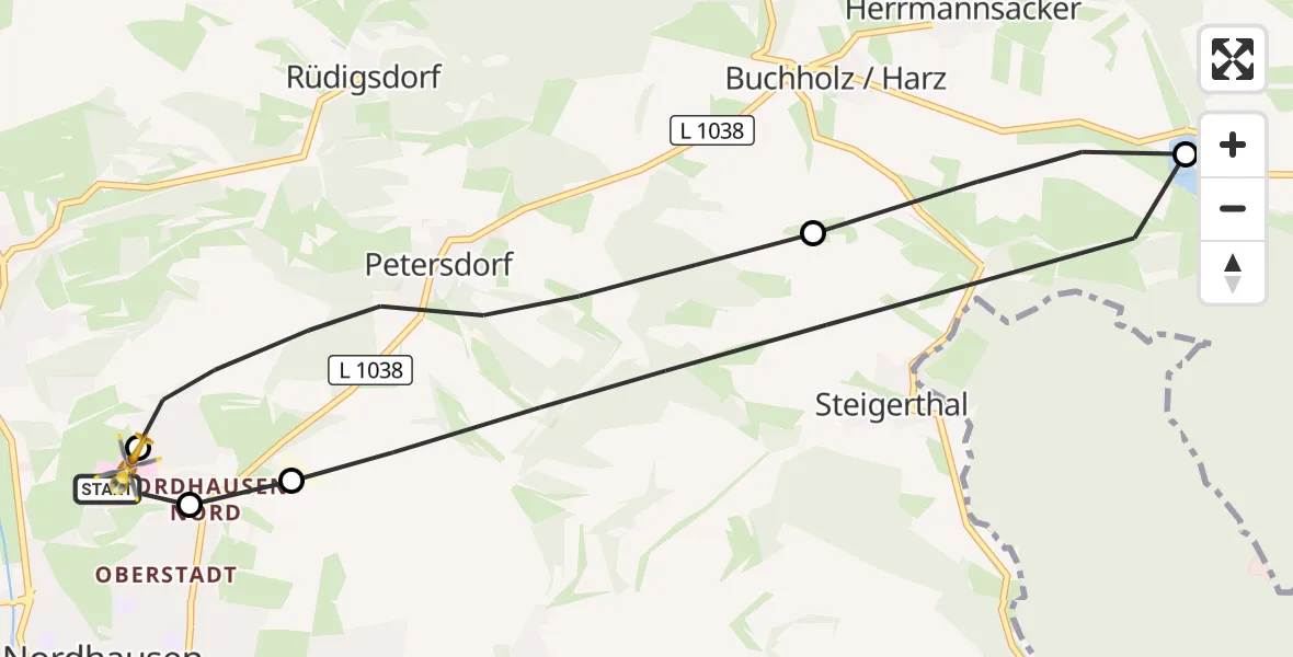 Flugroute Rettungshubschrauber Südharz Hospital Nordhausen - Südharz Hospital Nordhausen, 24 September 2026, 08:15