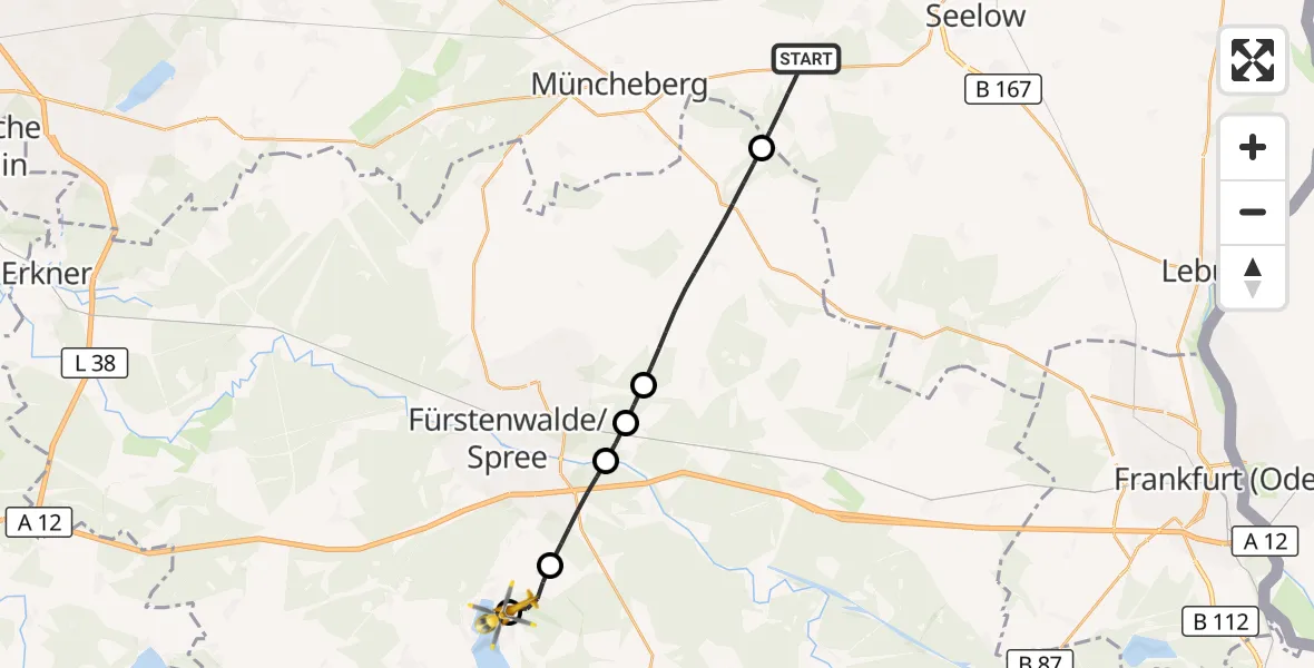 Flugroute Rettungshubschrauber Vierlinden - Bad Saarow Hospital Hubschrauberlandeplatz, 24 September 2026, 08:20