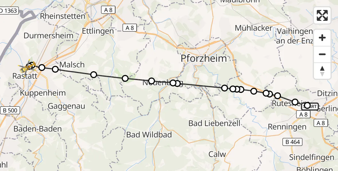 Flugroute Rettungshubschrauber Leonberg Hospital - Rastatt Flugplatz, 24 September 2026, 08:21