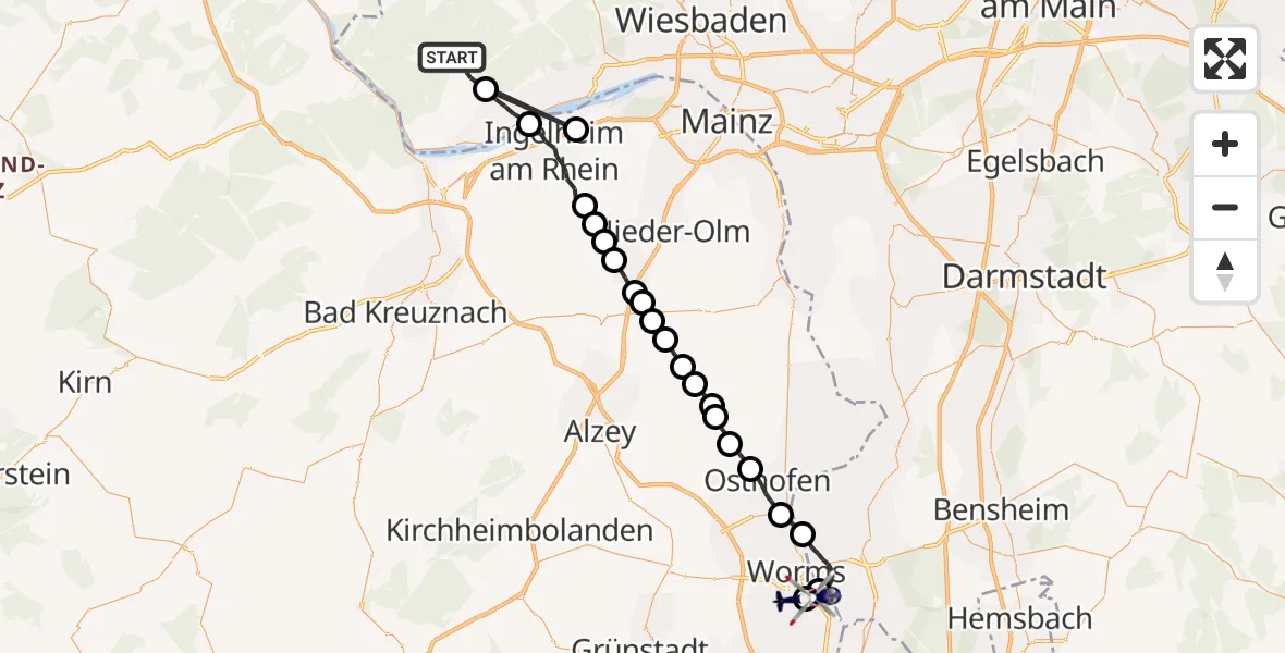 Flugroute Polizeihubschrauber Geisenheim - Worms, 24 September 2026, 08:25
