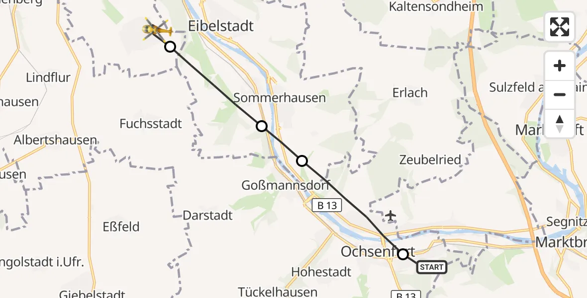 Flugroute Rettungshubschrauber Ochsenfurt Hospital - Würzburg, 24 September 2026, 08:29