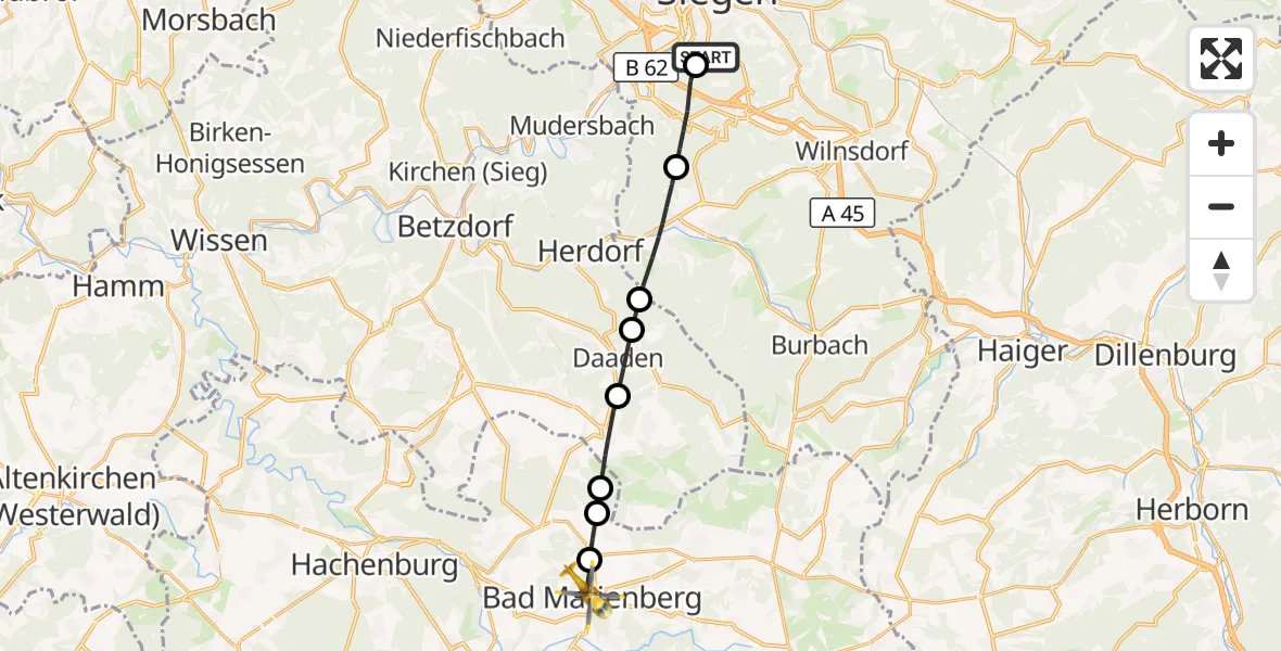 Flugroute Rettungshubschrauber Evangelisches Jung-Stilling Hospital - Bad Marienberg (Westerwald), 24 September 2026, 08:30