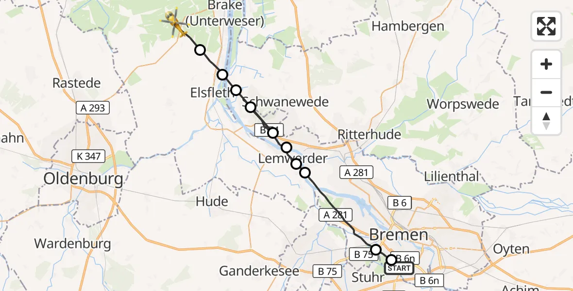 Flugroute Rettungshubschrauber Bremen - Ovelgönne, 24 September 2026, 08:35
