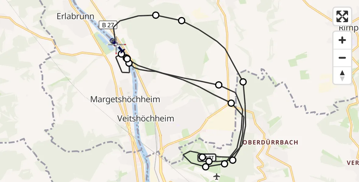 Flugroute Polizeihubschrauber Würzburg-Schenkenturm Flugplatz - Margetshöchheim, 24 September 2026, 08:36