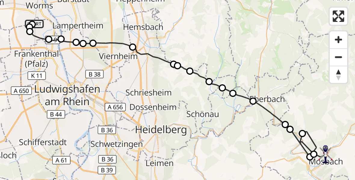 Flugroute Polizeihubschrauber Bobenheim-Roxheim - Mosbach, 24 September 2026, 08:37