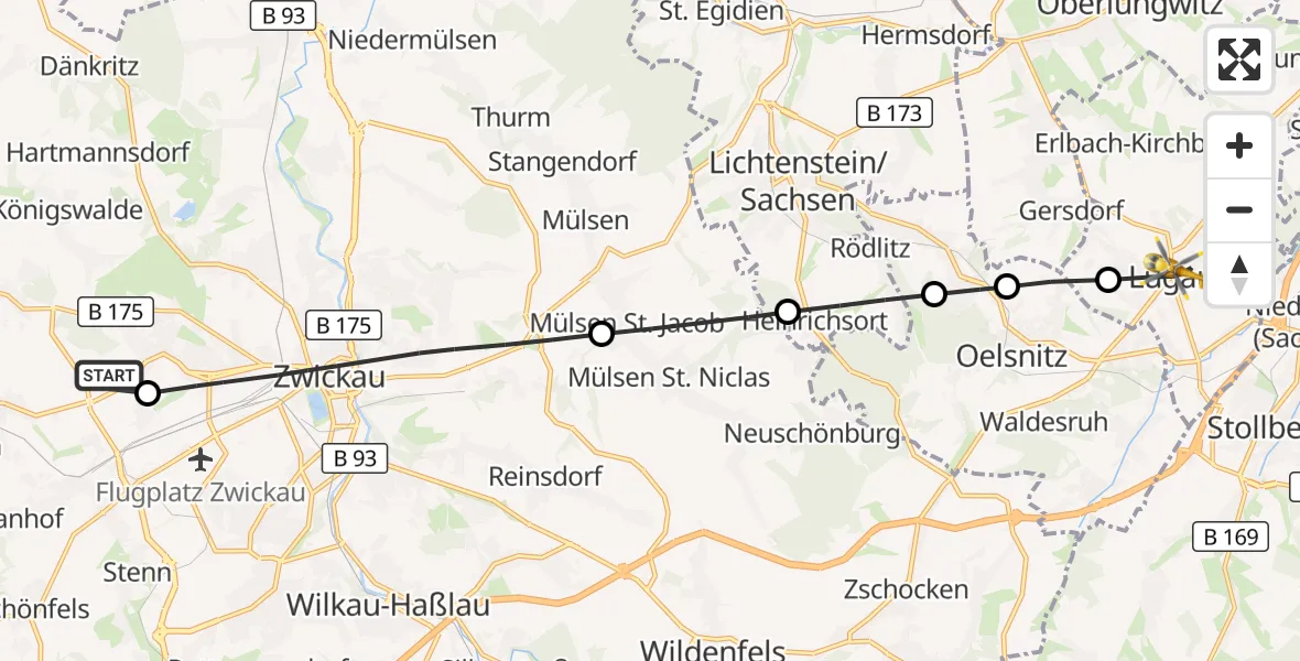 Flugroute Rettungshubschrauber ADAC Air Rescue Station Zwickau Hubschrauberlandeplatz - Lugau/Erzgeb., 24 September 2026, 08:41